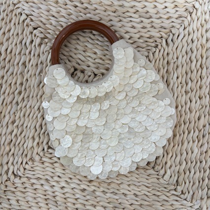 Spring and Summer New Style Bohemian Style Handmade Natural Shell Bag with Wooden Handle and Chain Hand-Held Evening Bag for Women