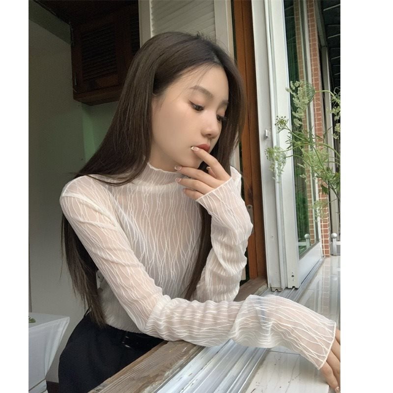 Long-Sleeved Lace Bottoming Shirt for Women in Summer, New Style, See-Through Layered Style, Mesh Inner Top, Thin Chiffon Shirt