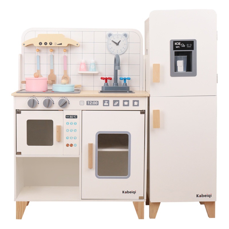 Simulación de madera Danish Sonido y luz Refrigerador Juego de juguetes de cocina Juegos de juegos de rol para niños pequeños Juguetes ensamblados