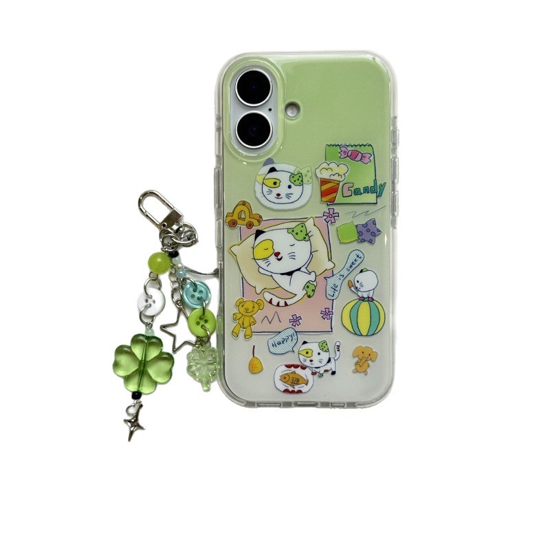 Divertida ilustración de gatito verde lindo para Apple 15/14 funda para teléfono iphone16ProMax femenino 15Pro