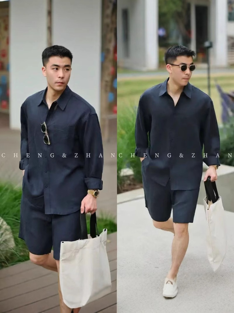 【Streamer Summer Set】2025 Lyocell Linen Shirt and Shorts for Men, Polyester, 24-Hour Delivery