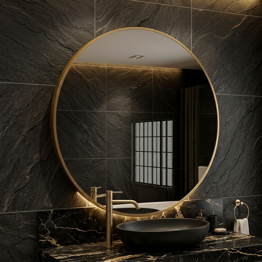 Espejo de Baño Redondo de Pared de Aleación de Aluminio Autoadhesivo para Baño y Hotel