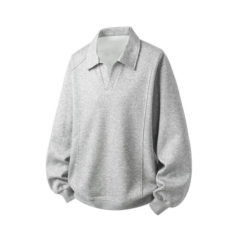 Polo a maniche lunghe grigia stile Old Money, modello regolare, unisex, autunnale, ampia, con colletto risvoltato e mezza zip._voghion.com