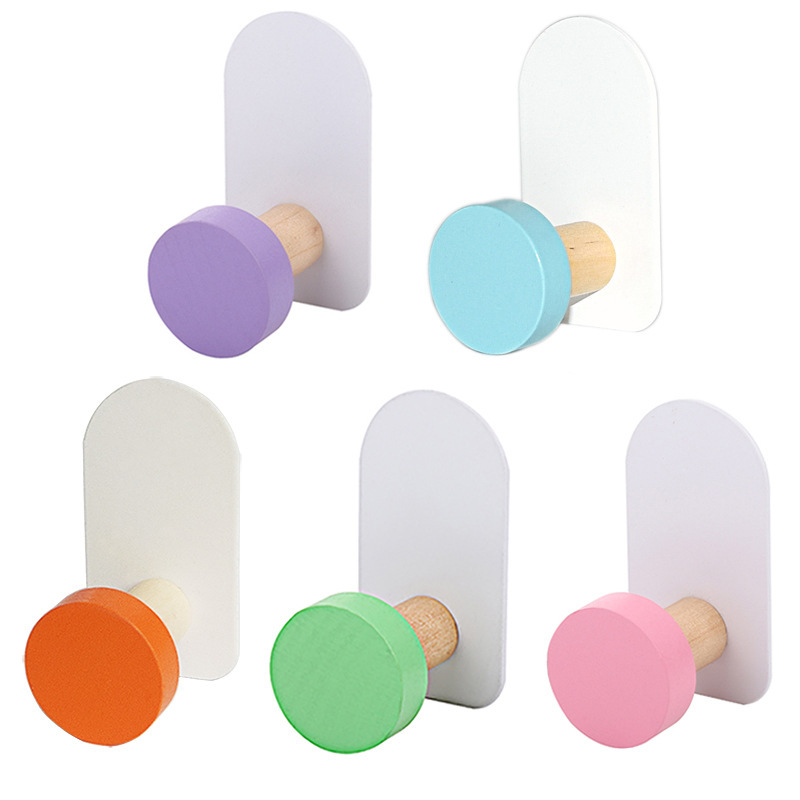 Cross-Border Exclusive Supply of Macaron-Colored Solid Wood Adhesive Hooks, No-Drill Door Hooks for Bathroom and Kitchen, Creative Traceless Clothes Hooks