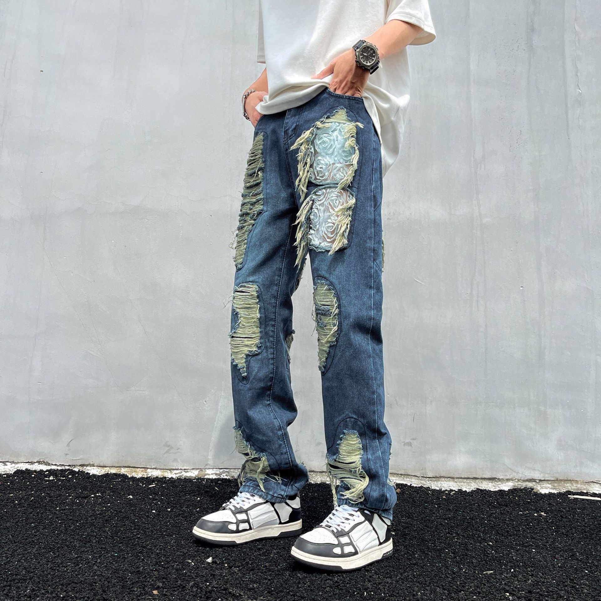 Tie-Dye Ripped Jeans For Men And Women American High Street Vintage Washed Slim Fit Flared Pants_mkmklike.com