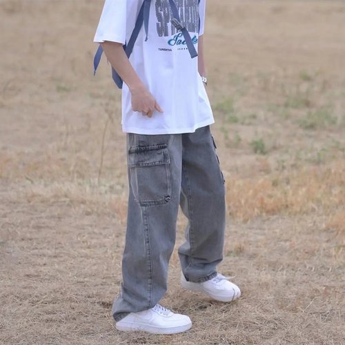 Trendy Japanese-style built-in belt cargo pants blue jeans men's loose-fitting versatile wide-leg straight-leg casual pants