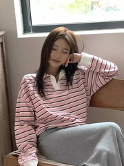 韩国chic秋季新款甜美减龄Polo领撞色宽松百搭休闲长袖条纹T恤女