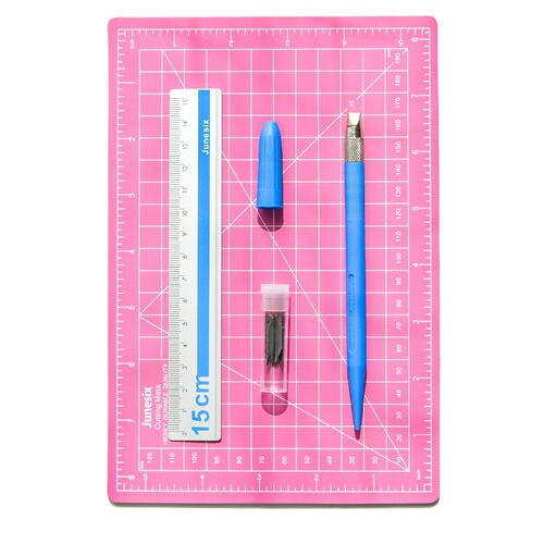 Junesix Handbook Art Pen Knife A5 Cutting Pad Set Engraving Pen Knife Aluminum Ruler Cutting Board Three-piece Set