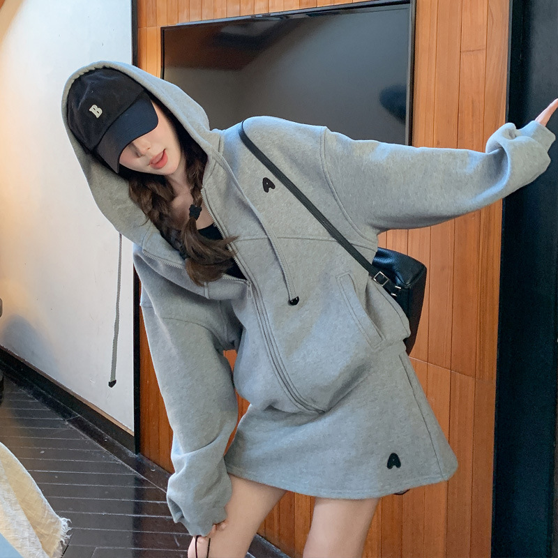 Fat mm Extra Large Size 150kg Gray Casual Hooded Sweatshirt Suit for Women Early Autumn New Age-Reducing Skirt Two-Piece Set