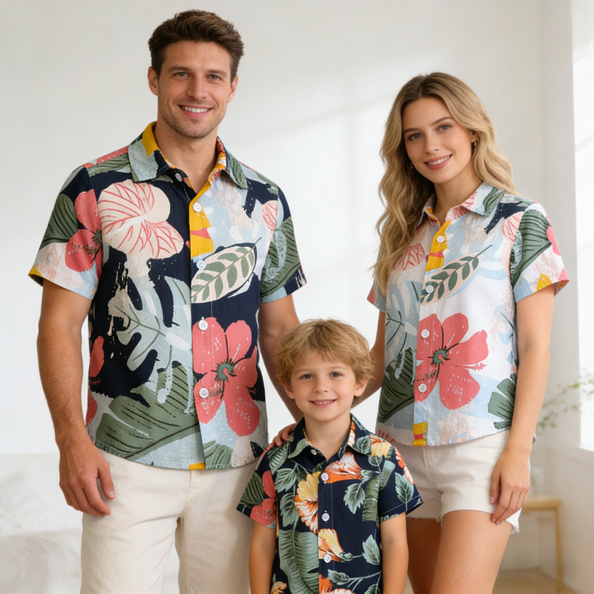 跨境夏威夷度假风沙滩短袖衬衫一家三口夏季休闲家庭亲子装花衬衫