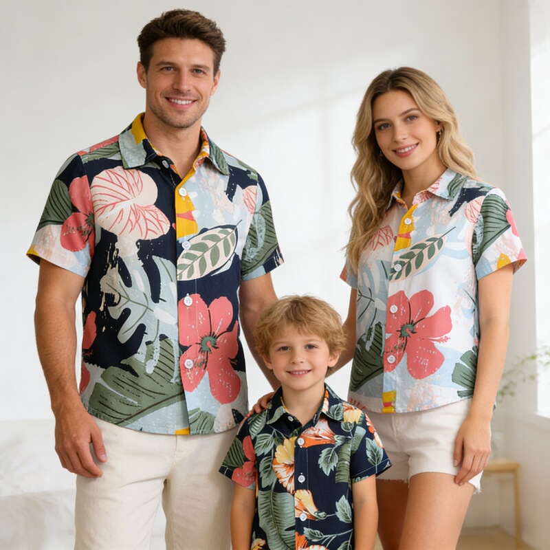 Cross-Border Hawaiian Resort Style Beach Short-Sleeved Shirts for a Family of Three, Summer Casual Family Matching Floral Shirts Cross-Border Hawaiian Resort Style Beach Short-Sleeved Shirts for a Family of Three, Summer Casual Family Matching Floral Shirts