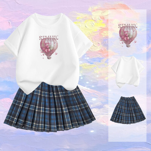 Girls Summer Short-Sleeved T-Shirt Pleated Skirt Two-Piece Suit New Fashionable Medium and Large Children Cartoon Tops Short Skirts Trendy
