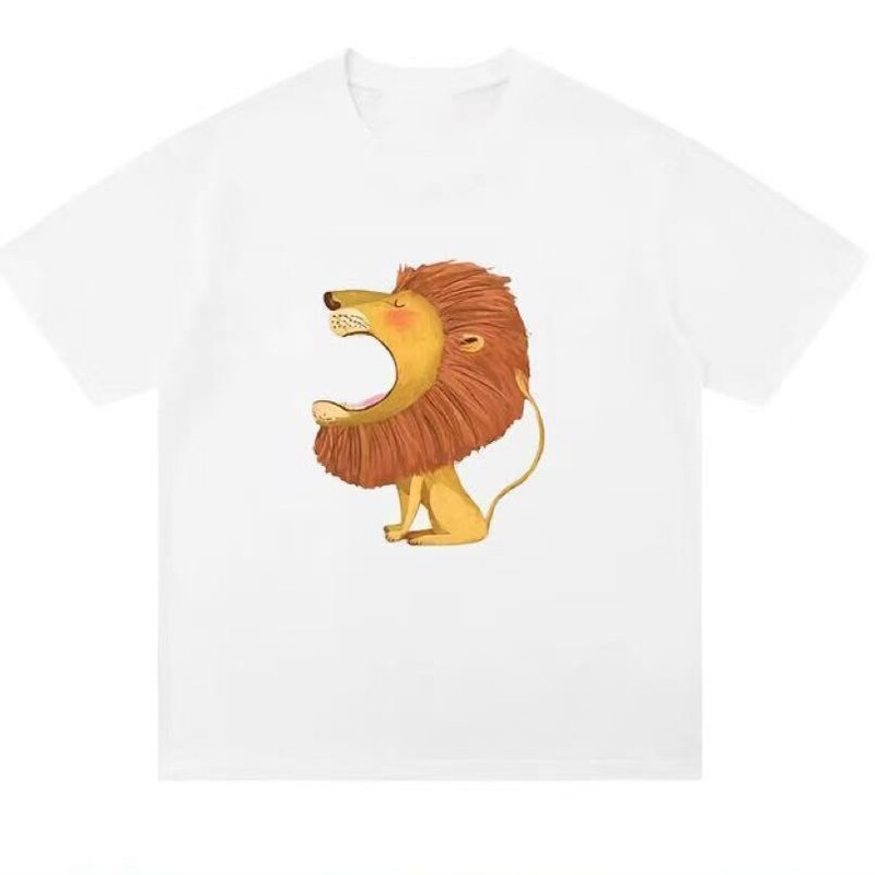 Pure cotton trendy lion cartoon print short-sleeve t-shirt for men and women, loose and versatile street style top Pure cotton trendy lion cartoon print short-sleeve t-shirt for men and women, loose and versatile street style top