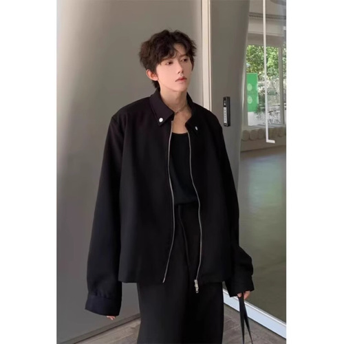 Black short coat, men's spring and autumn fashionable design, handsome loose flying suit, executive jacket