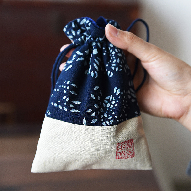 非遗蓝印花布袋子 元新蓝手工制作传统中国风棉麻布袋 口红耳机包