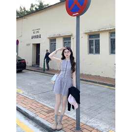 学院风圆领无袖收腰显瘦连衣裙女夏季法式灰色短款气质背心A字裙