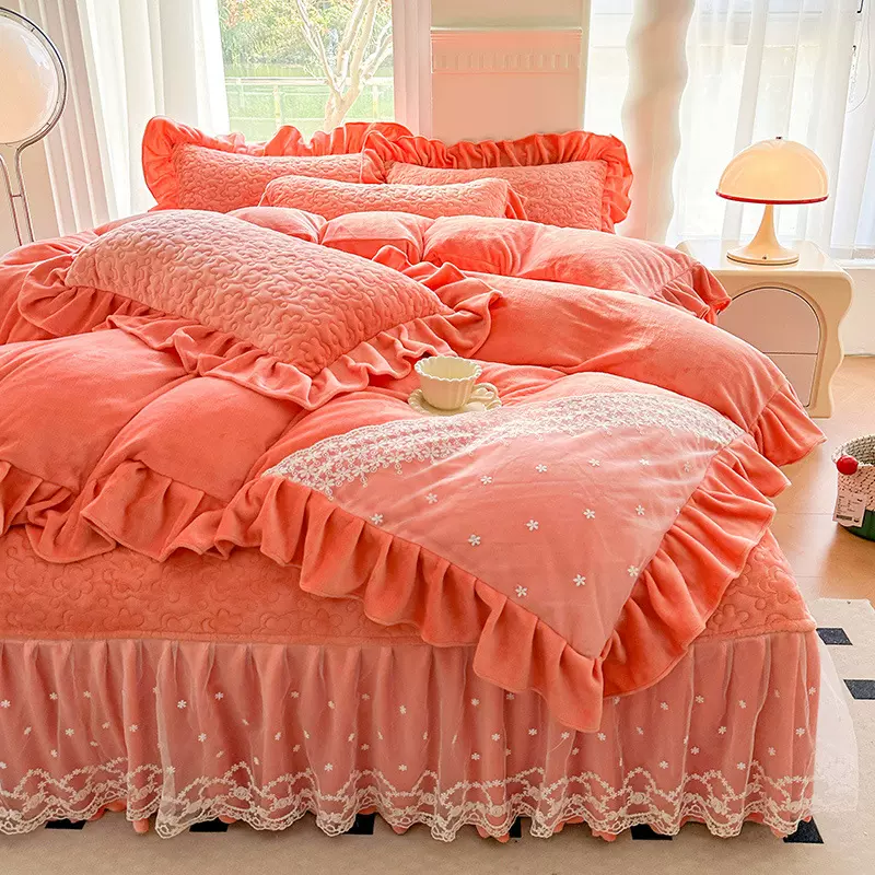 韩版公主风蕾丝花边牛奶绒宝宝绒床盖四件套批发一件代发外贸跨境