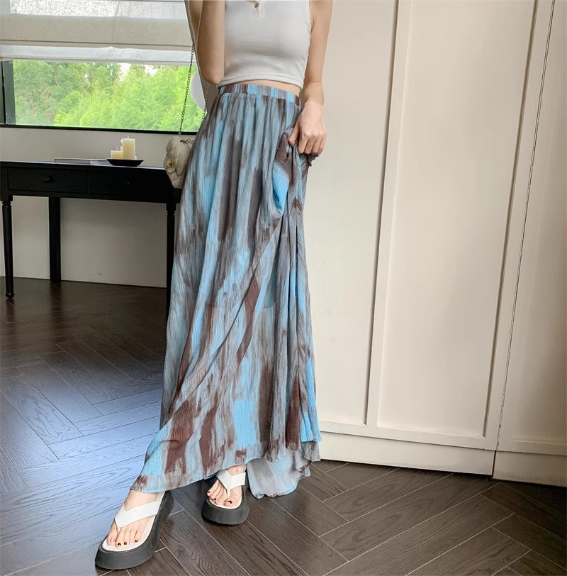350g Weight Maxi Long Dress Dress Length Type Skirt Dresses Type Spandex, Polyester Fabric Type High Waist Waist Line Micro-Elastic Elasticity Holiday, Daily Occasion Loose Fit Type Printing Pattern Summer, Spring Season Women's Gender Vintage Style, Streetwear Style Blue Color Vintage Tie-Dye Midi Skirt For Women Spring Summer Vacation Style High Waist Slimming A-Line Skirt Draped Long Skirt Niche Flared Skirt Street Style High Street 6