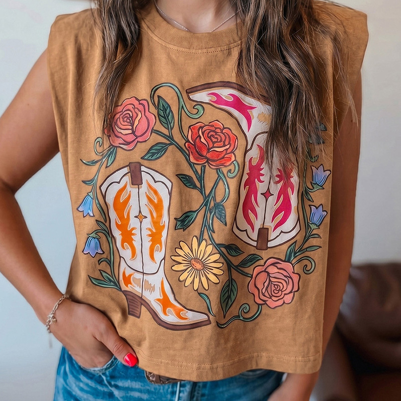 2026 Summer New Style Pullover Round Neck Vest for Women European and American Fashion Trend Western Print Sleeveless Top for Women