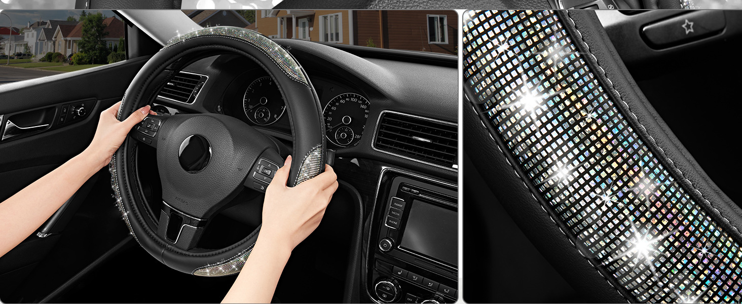 15inch Leather steering wheel cover with diamond inlay, fully enclosed, snug fit, non-slip, wear-resistant car steering wheel protector