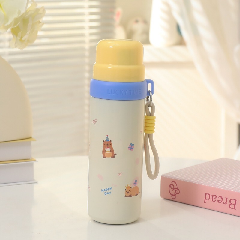 女の子用のかわいい水玉模様の子犬魔法瓶カップ、ストロー付き屋外ウォーターカップ、子供用ダブルドリンクカップ、注ぎ可能なウォーターカップ|undefined