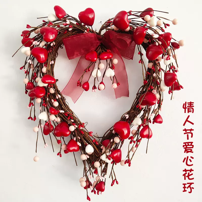 亚马逊跨境仿真花环情人节爱心装饰品氛围布置门挂高仿真绿植