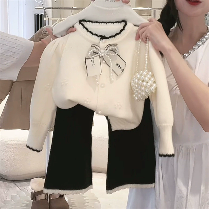 Spring set girl's, children's sweater, jacket, flared trousers, Chanel style, oversize