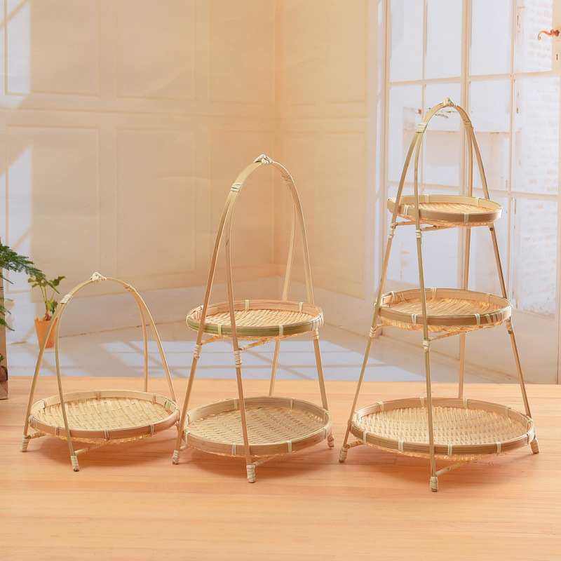 Seleccione estrictamente bambú trenzado canasta ornamentada multicapa rack refrescos de mano bandeja de bocadillos bandeja de cestas de frutas olla caliente