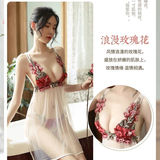 Сексуальная прозрачная пижама, комплект, юбка, с вышивкой, эффект подтяжки, большой размер