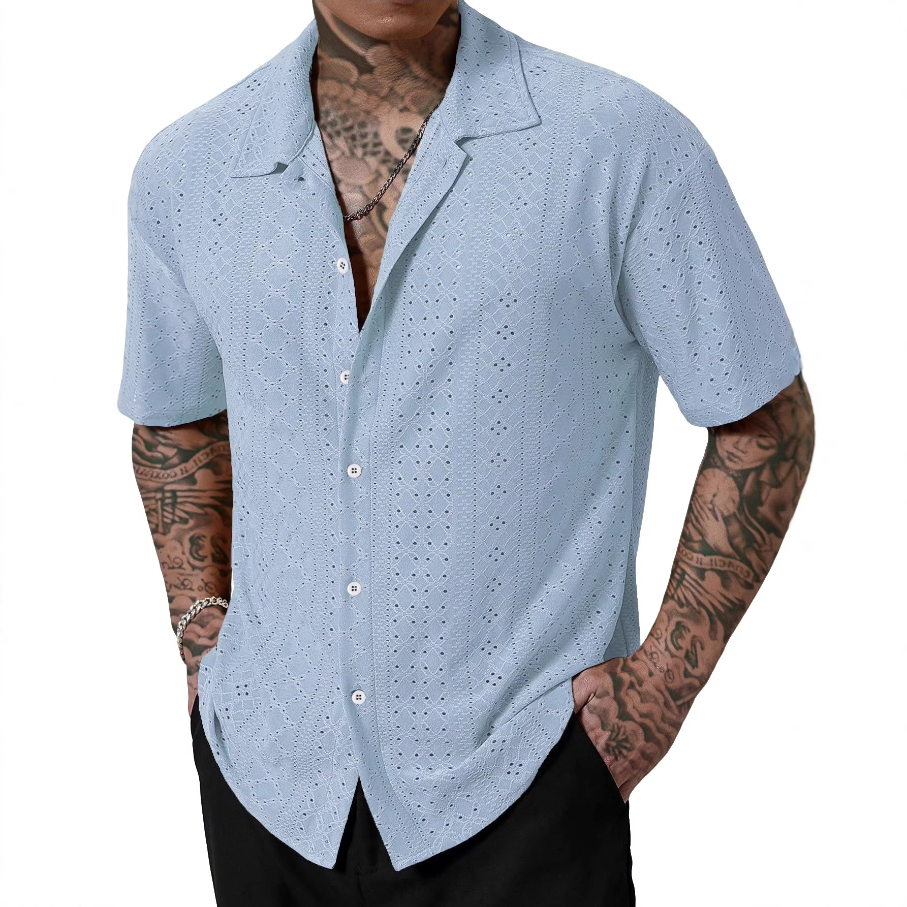 Transfronterizos de hombres Amazon verano nuevo hombre transpirable solapa camisa de manga corta de color sólido camiseta casual americana