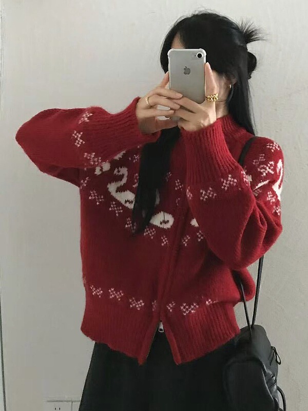 韩系费尔岛提花毛衣外套女秋冬新款宽松百搭拉链针织开衫上衣1326|undefined