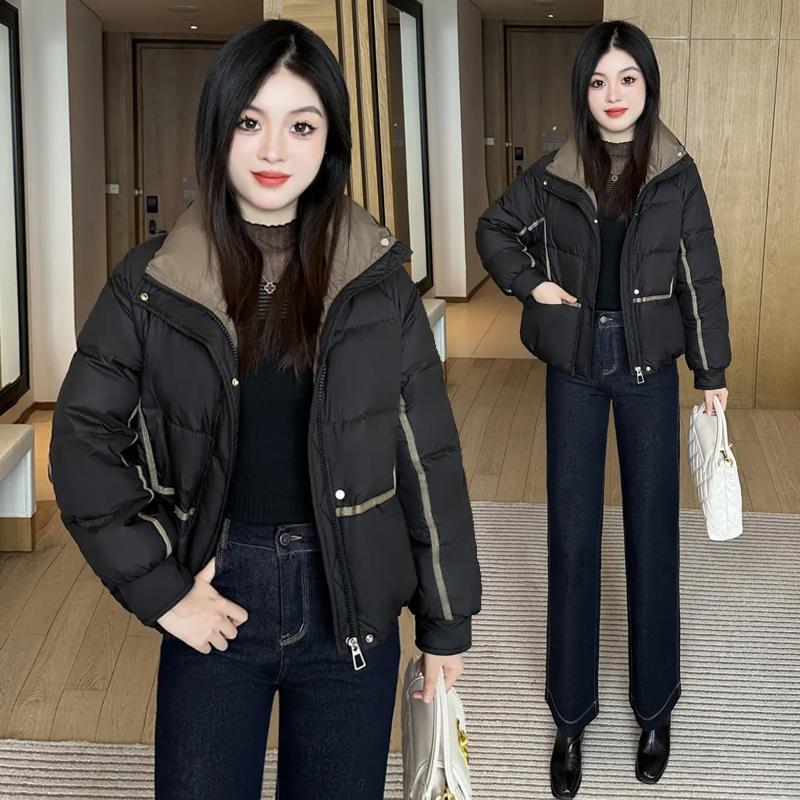 Color-blocked, stand-up collar, short cotton jacket for women, new winter style, loose fit, thickened for warmth, versatile outerwear, suitable for petite figures