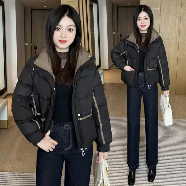 Color-blocked, stand-up collar, short cotton jacket for women, new winter style, loose fit, thickened for warmth, versatile outerwear, suitable for petite figures