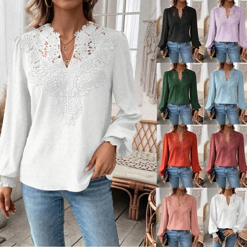 Foreign Trade Women's Clothing European and American Cross-Border Amazon Autumn and Winter New V Neck Lace Splicing Long-Sleeved Casual Shirt Women's Tops Foreign Trade Women's Clothing European and American Cross-Border Amazon Autumn and Winter New V Neck Lace Splicing Long-Sleeved Casual Shirt Women's Tops