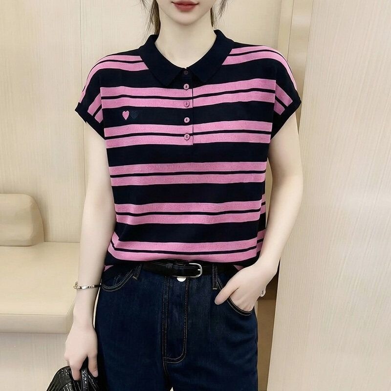 Plus-Size Casual Simple Heart-Embroidered Striped Knit Top with a Youthful Button-Down Collar and Short Sleeves in Rose Red Plus-Size Casual Simple Heart-Embroidered Striped Knit Top with a Youthful Button-Down Collar and Short Sleeves in Rose Red