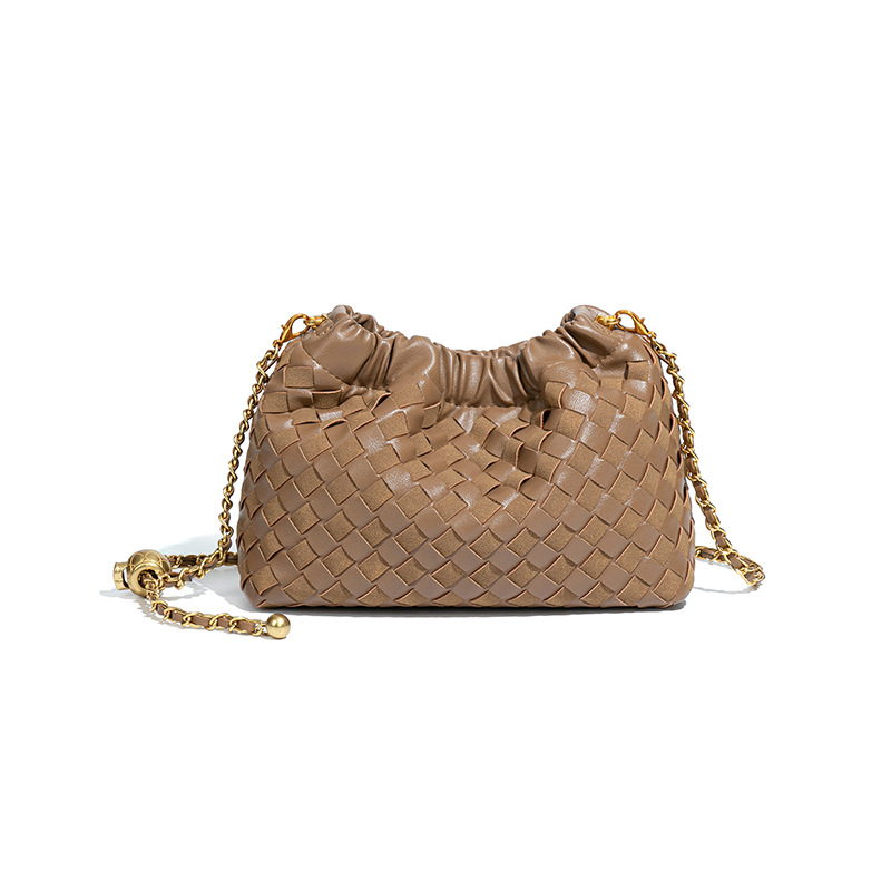 New Woven Cloud Bag With Gold Chain, Handmade Horizontal Shoulder & Crossbody Bag, Gold Ball Small Square Drawstring Pleated Bag - Thumbnail 8
