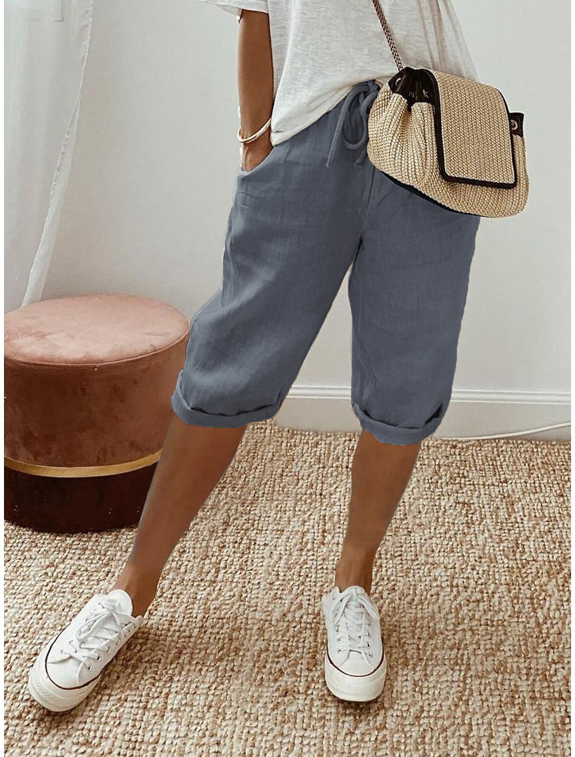 Women's Cotton Linen Casual Pants With Pockets Elastic Waist Five Point Khaki Style_ecoleips.com