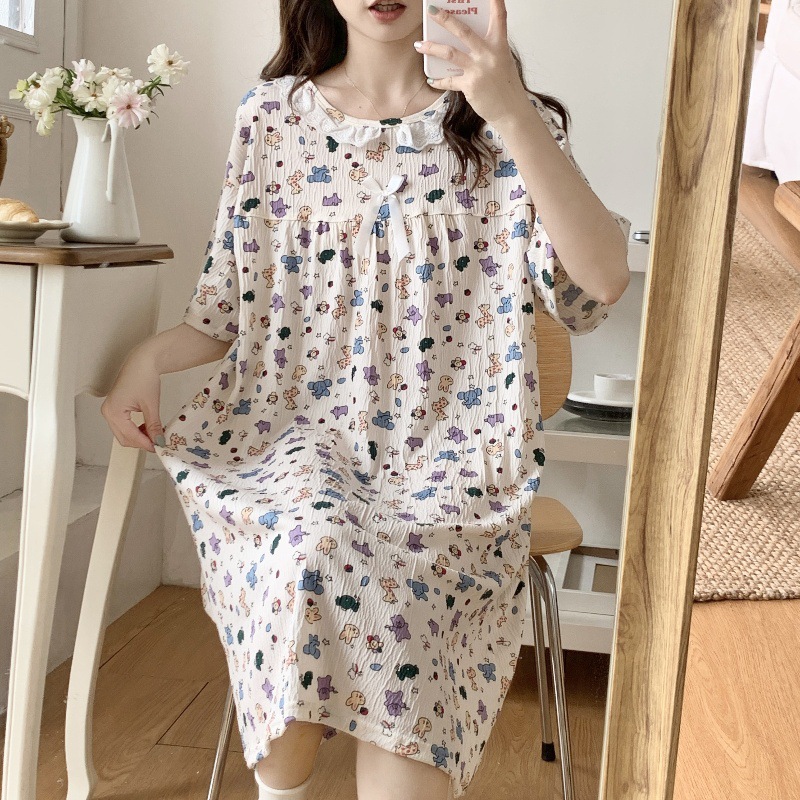 Verano 2024 vestido de pijama de niñas encaje de algodón tela arrugada dibujos animados manga corta media y larga lindo dulce ropa de hogar estudiantil