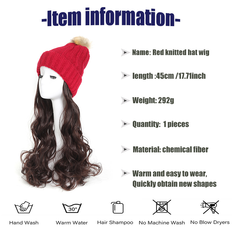 ladies knitted hat wool ball hat wig chemical fiber 45cm plus velvet winter wool hat hat wig_voghion.com