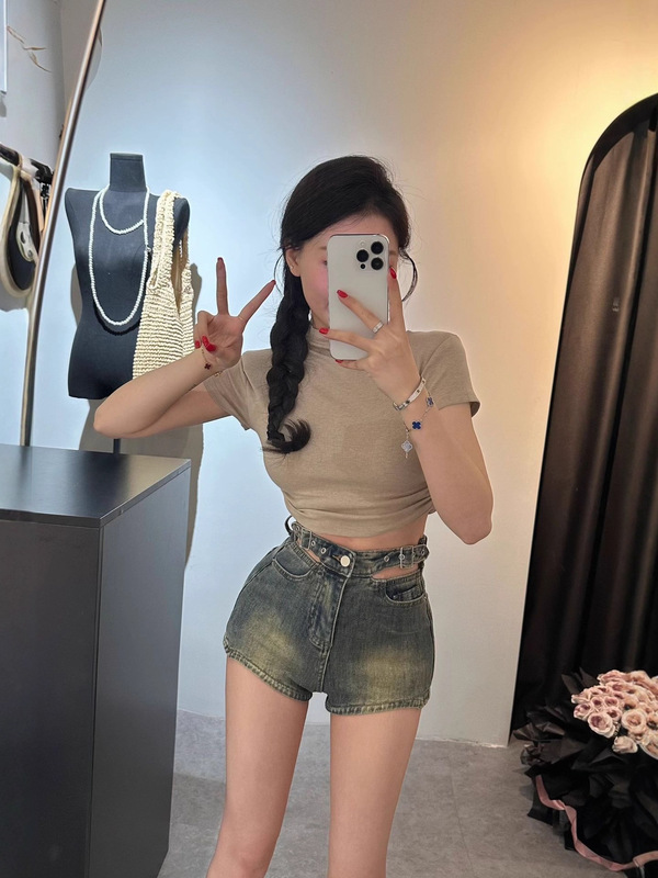 抖音质量夏季新款复古牛仔短裤女双扣设计感高腰显瘦百搭热裤7017|undefined