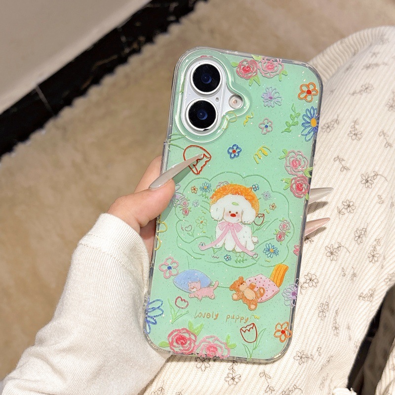 Divertido brillo, graffiti, flores, perros, iphone15ProMax, nueva funda para teléfono móvil de 16PM, Apple 14 femenino