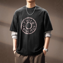 高端美式复古做旧假两件长袖T恤男秋季新款破洞字母印花宽松上衣