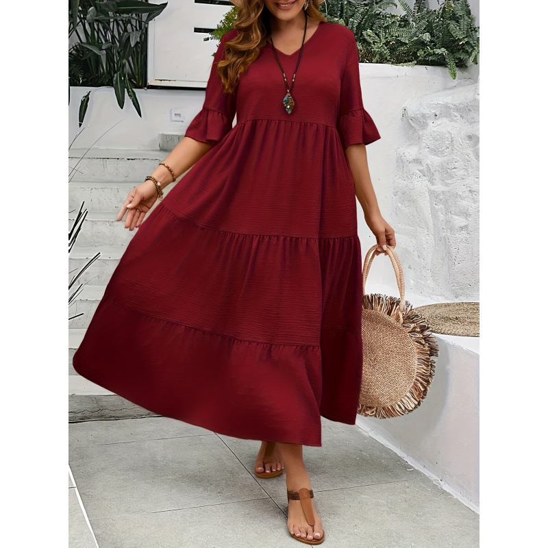 T 95622 V-Neck Large Swing Dress V-Neck Long Dress with Wide Hem Cross-Border T 95622 V-Neck Large Swing Dress V-Neck Long Dress with Wide Hem Cross-Border