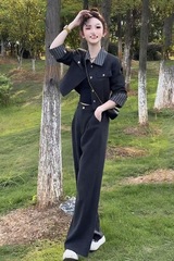 入春穿搭一整套女2025秋季感小香风短外套垂坠感阔腿裤两件套