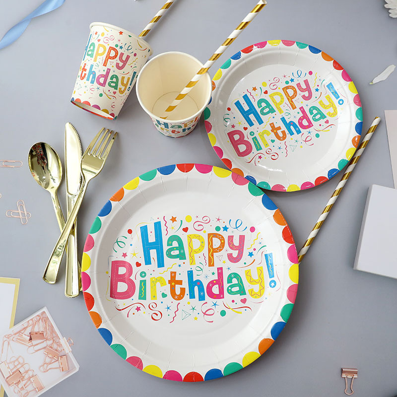 Spot Amazon Color Happy Birthday Paper Tray Disposable Party Round Paper Tray Set Paper Cup Tissue Knife and Fork