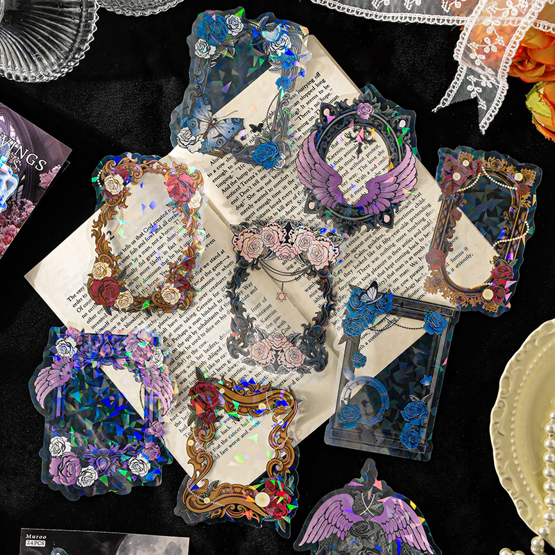 Paquete de pegatinas de luz láser de Mu Ran, serie clásica, tema de marco floral, pegatinas decorativas de material de cuenta manual