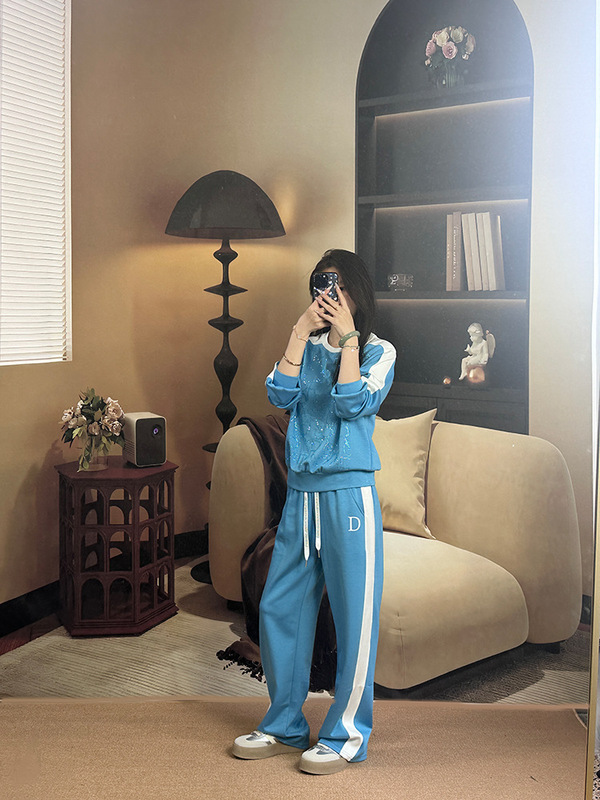 春夏系列洋气设计感时尚显瘦蓝色运动套装套头卫衣抽绳休闲阔腿裤|undefined