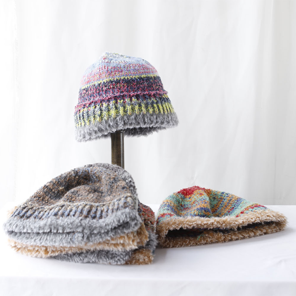 Niche Design Retro-Farbverlauf-Fransen-Strick-Bucket für Damen, Herbst und Winter, warmer Ohrenschutz, Gesichtsformer_voghion.com