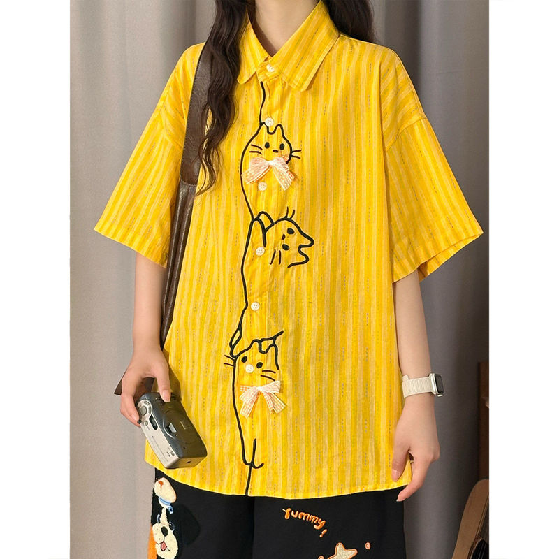 Summer new style fun and cute cartoon cat embroidered striped short-sleeve shirt for women, loose college style couple top Summer new style fun and cute cartoon cat embroidered striped short-sleeve shirt for women, loose college style couple top