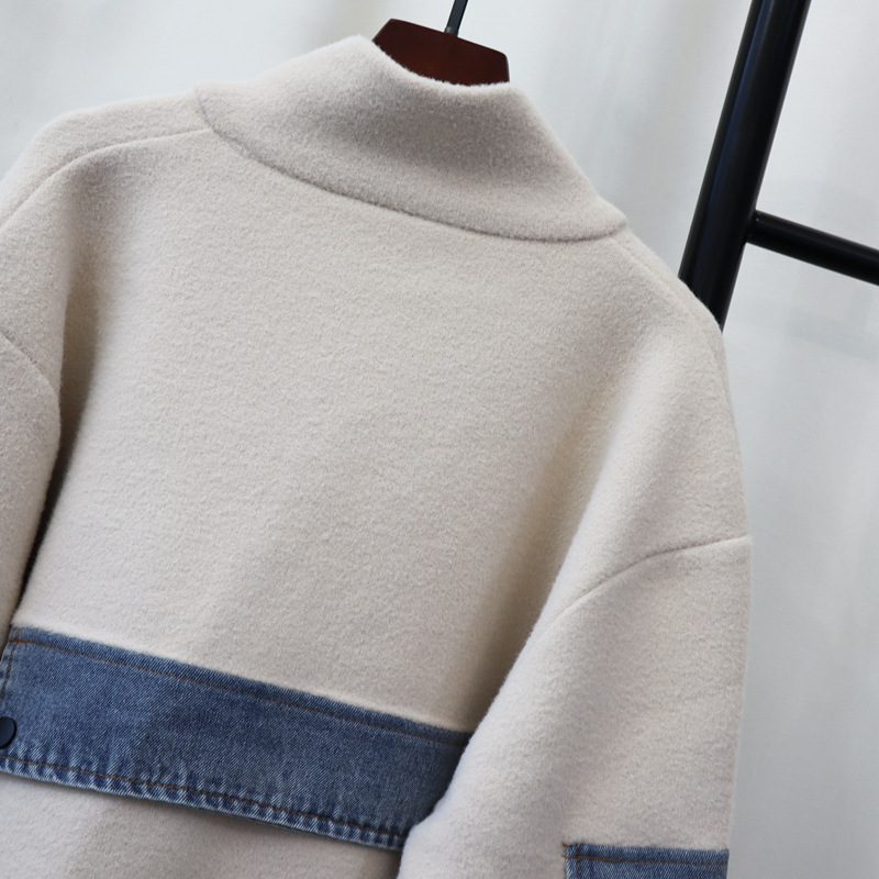 Women's Clothing new zipper denim splicing knitted double sided wool cardigan loose casual temperament sweater jacket_voghion.com